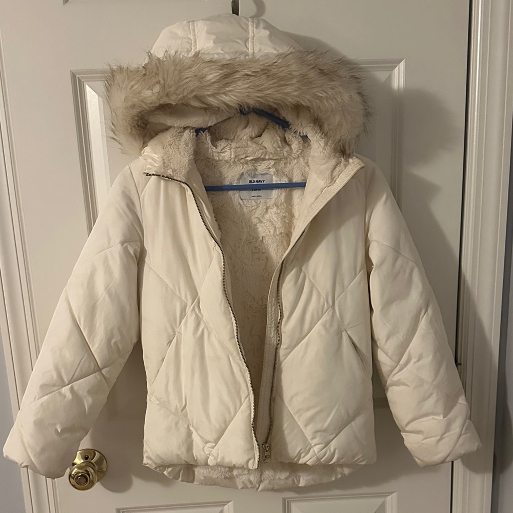 Old Navy Kids Cream Puffer Jacket with Faux Fur Hood